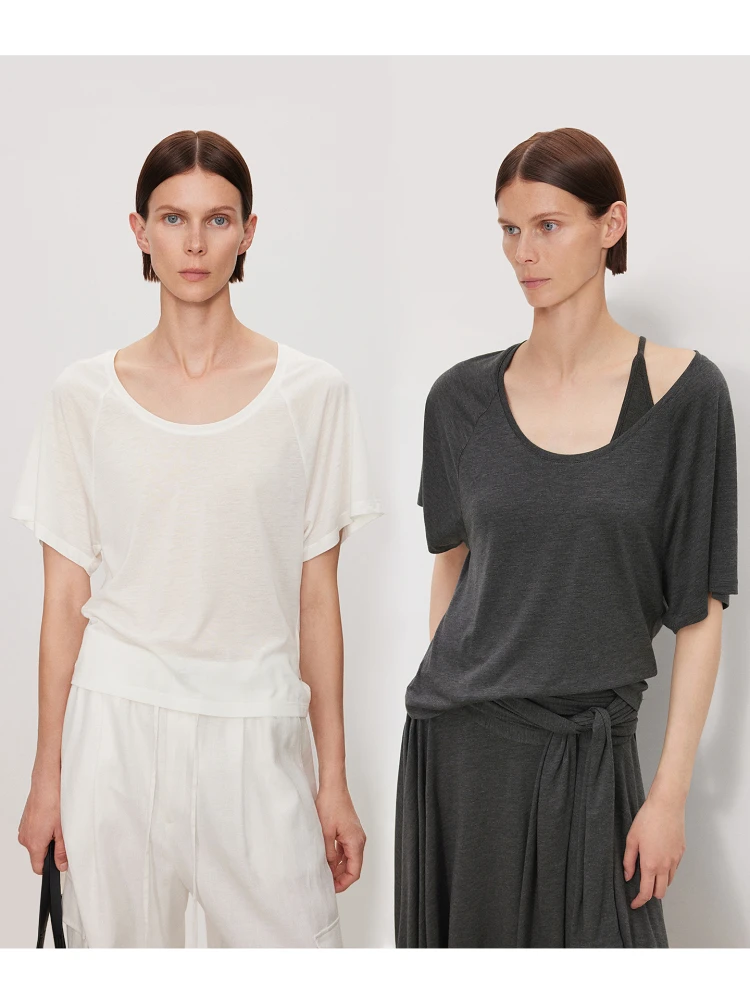 

CHICJOC Walking T-irt Ultra Elastic Wool Silk Cross oulder ort Sve Women's Summer Casual round Ne Top