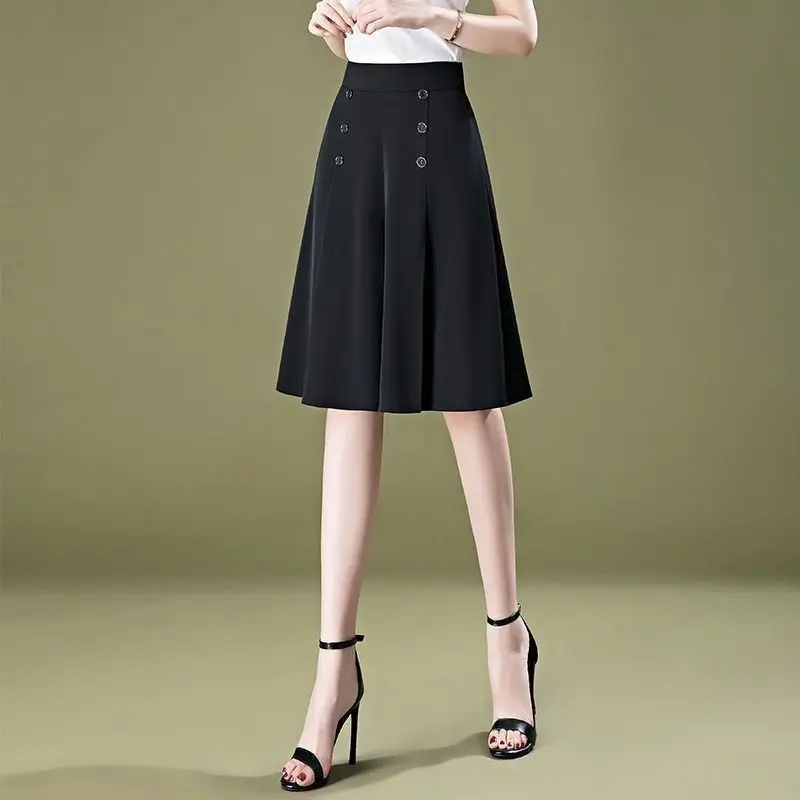 Office Lady High Waist Elastic Shorts Skirts Summer Solid Color Basic Female Clothing Stylish Button Loose Straight Knee Pants