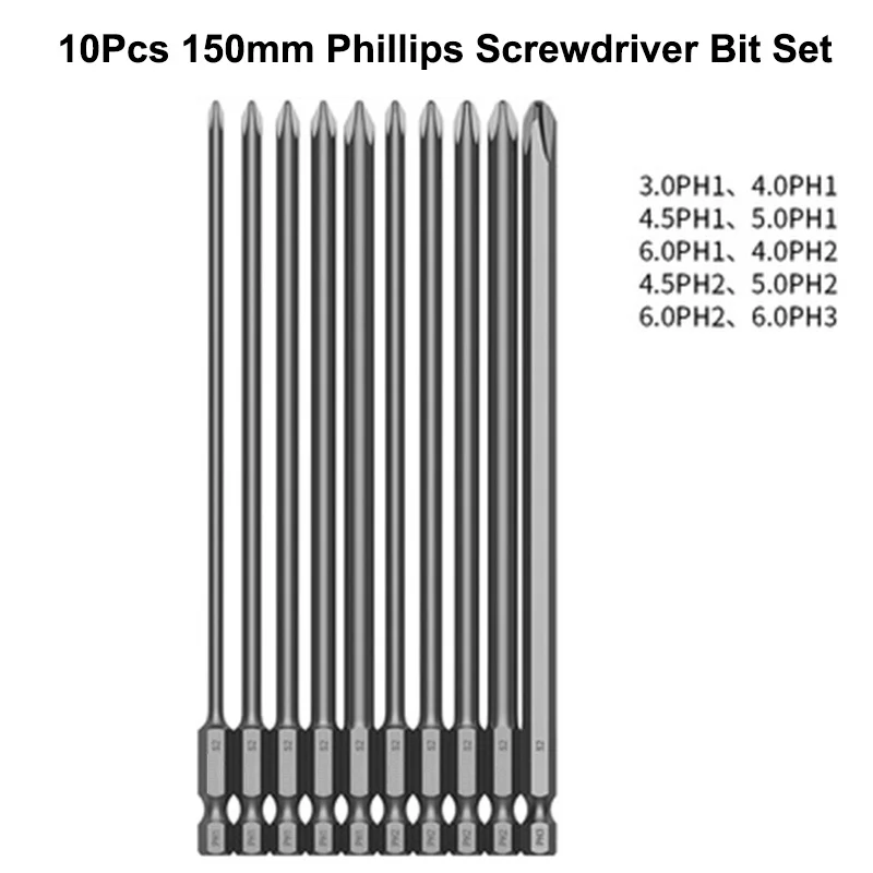 

10Pcs Cross Screwdriver Bits 150mm Magnetic Screwdriver Set 1/4 Inch Hex Shank S2 Steel Cross Head Drill Bit