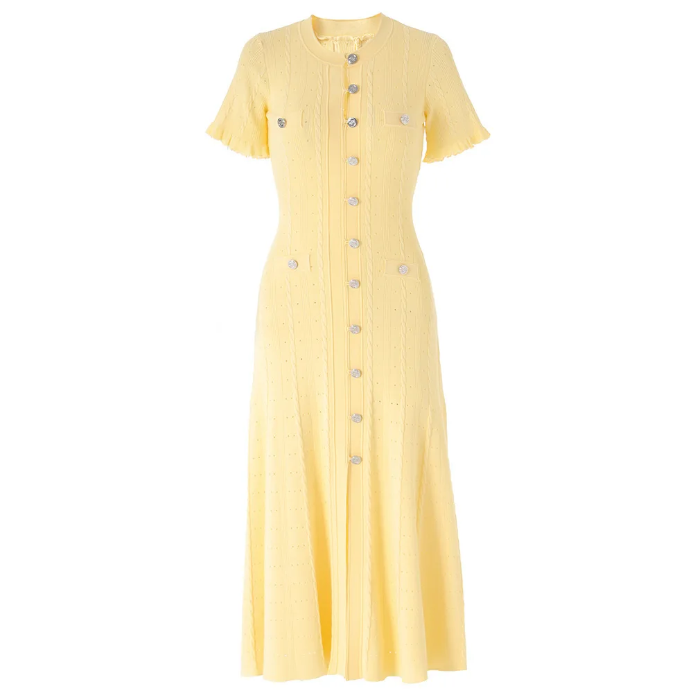 Zomerse elegante dames gebreide enkelknoops lange jurken, effen, korte mouwen, O-hals, knoop, bodycon, feestjurk, damesjurken
