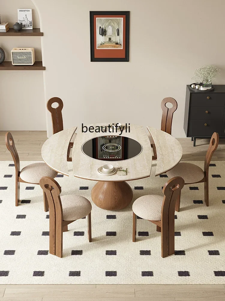 

Square and round travertine rock slab dining table and chair combination solid wood retractable inlaid turntable dining tableA16