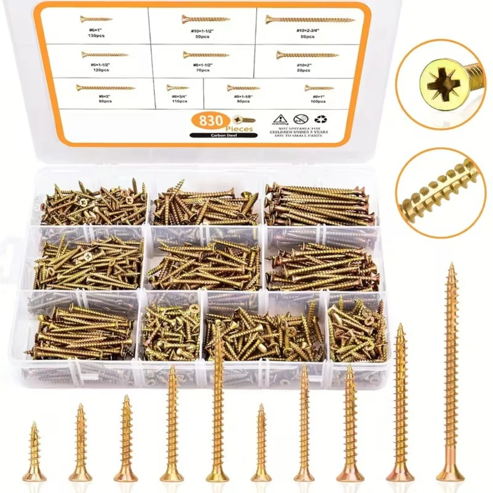 

830pcs Color Zinc Cross-head Self-tapping Wood Screws YB846 Carbon Steel Drywall Nails Fiberboard Nails Box Hardware Fasteners
