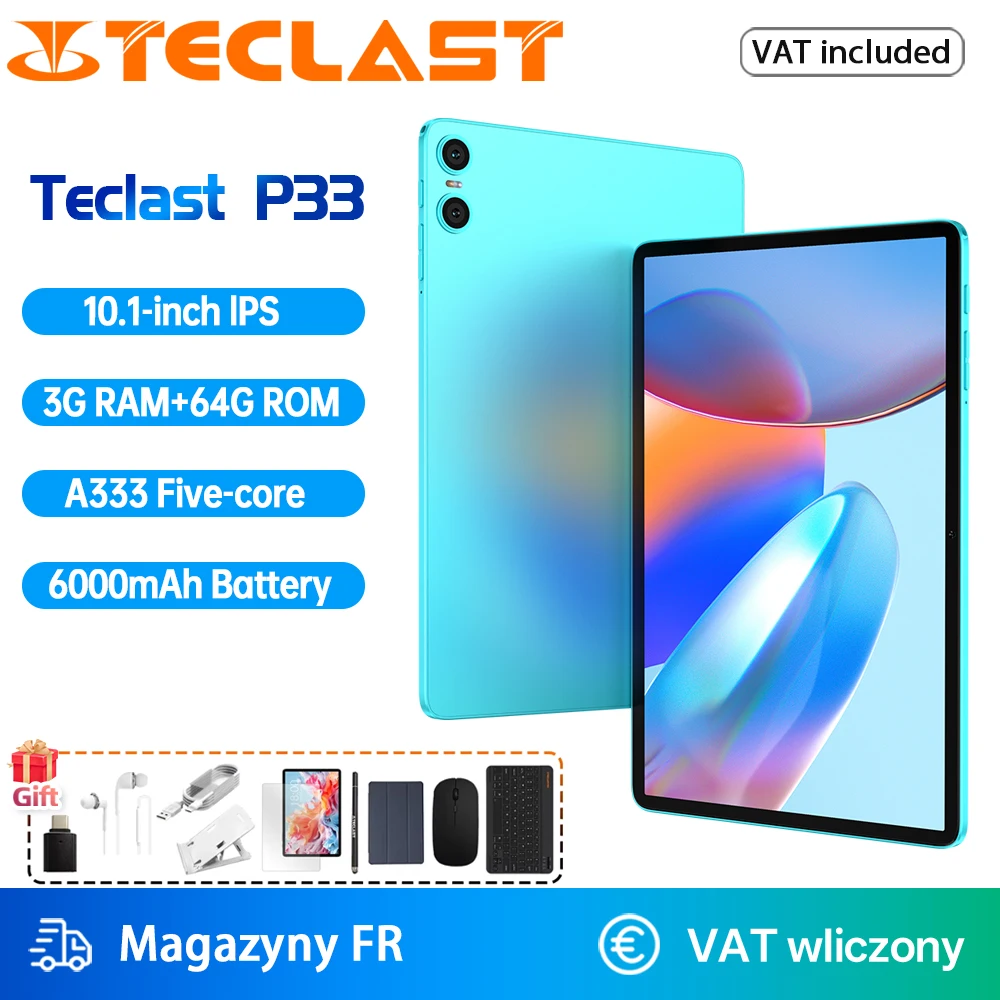 Teclast P33 10,1 inch tablet Android 15 Max 9Gb Ram 64Gb Rom A333 5-Core Wi-Fi 6 Type-C 6000mAh batterij Toetsenbord/hoes/muis/stylus/hoofdtelefoon Wi-Fi 6 Type-C 6000mAh Dubbele camera Hoofdtelefoon
