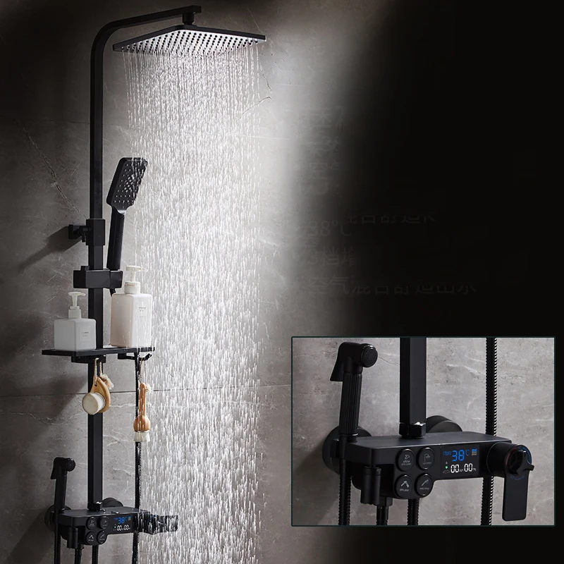 Danga Black Display Thermostatic Shower Faucet Set Rainfall Bathtub Tap With Bathroom Shelf Water Flow Produces Electricity