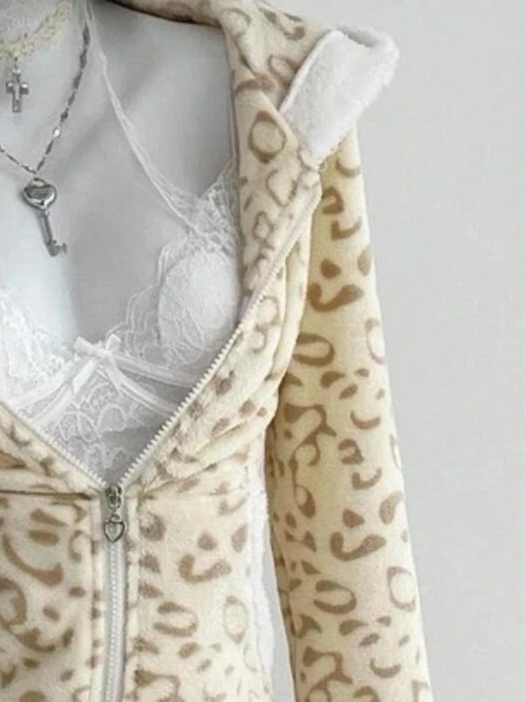 Vintage doce leopardo impressão jaqueta com capuz feminino novo design high street zip up casaco japonês kawaii bonito magro y2k roupas de outono