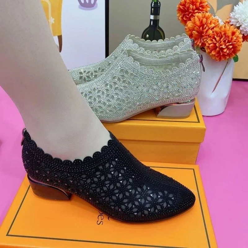 Summer Breathable Women Shoes Pointed Toe Slip-On Comfortable Fashion Air Mesh Chunky Heel Casual Female Shoes Size 35-41