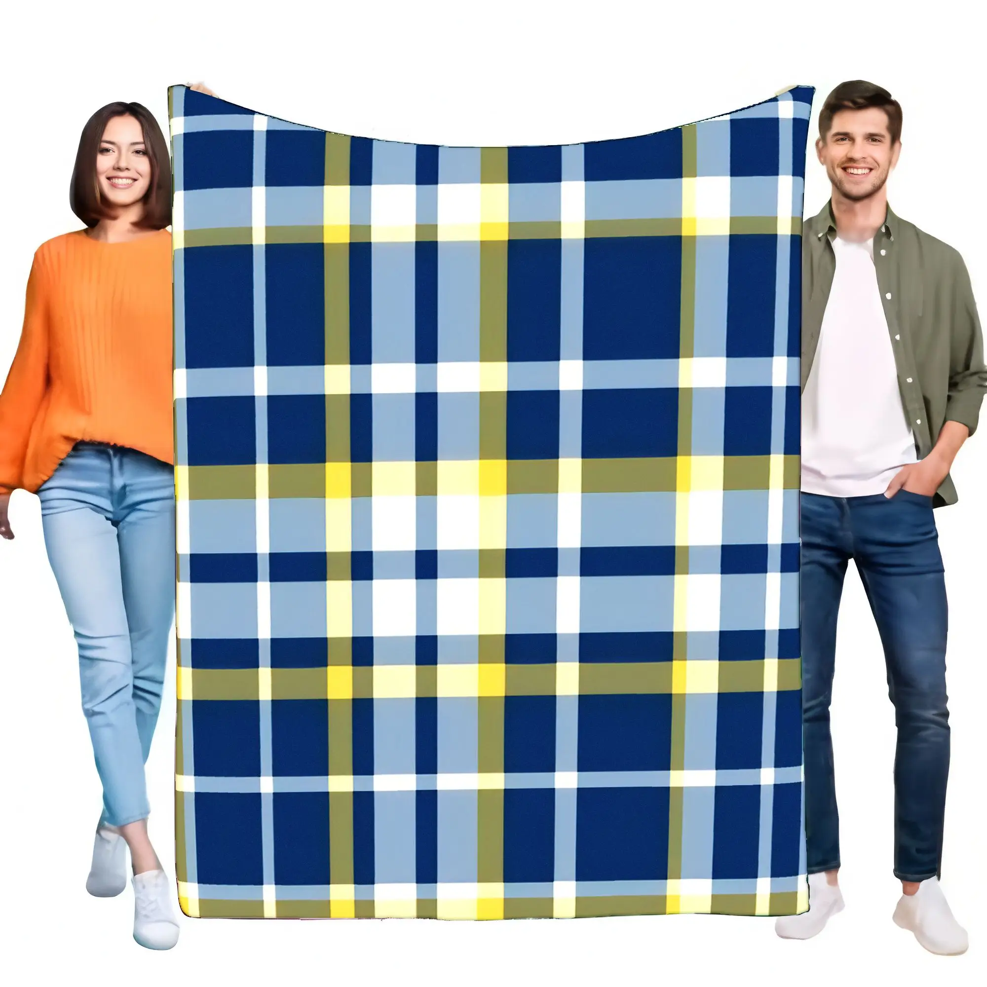 Ultra Soft Fleece Plaid Throw Blanket Navy Blue Yellow White Checkered Cozy Warm Lightweight for Bed Sofa Couch Decor Gift