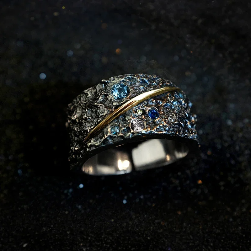 

New in 925 Silver Black Inlaid Starry Sky Blue Gemstone Couple Rings for Women and Men Radiant Creative Light Luxury Jewelry