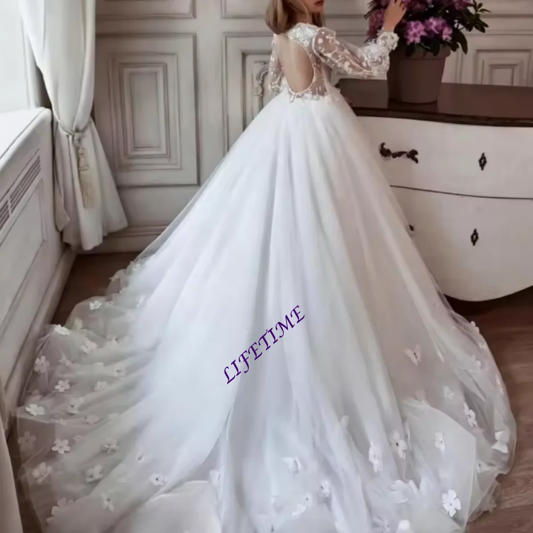 

Customized Flower Girl Dress For Wedding Appliques Long Sleeve Floor Length High Waist Kids Birthday First Communion Gown