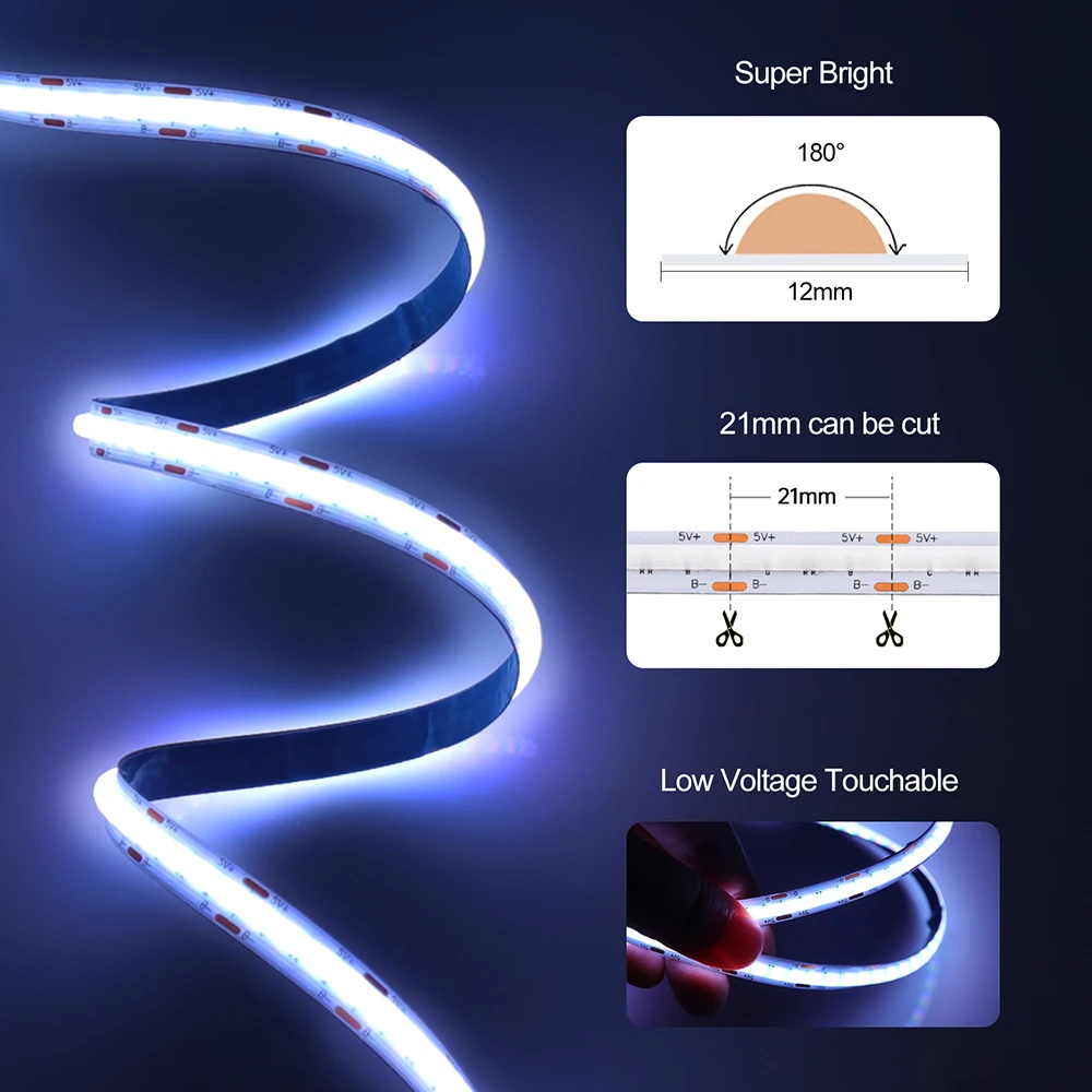 DC 5V USB RGB COB Light Strip 576LED/M Bluetooth APP 3key Controller 24key 44key Remote Control Flexible TV BackLight Home Decor