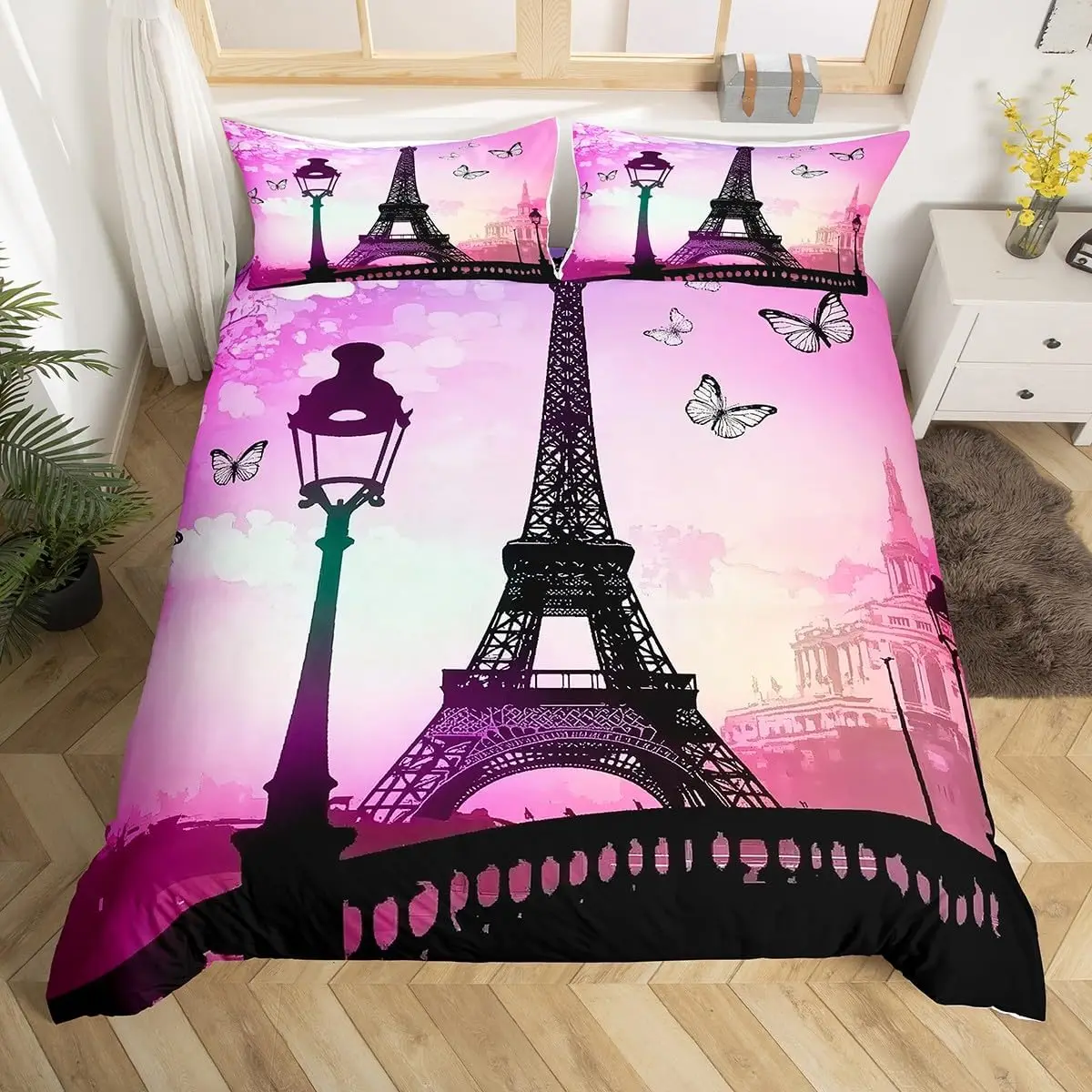 Girls Romantic Bedding Set King Full Paris Eiffel Tower Duvet Cover Microfiber British Style Love Heart Cartoon Comforter Cover