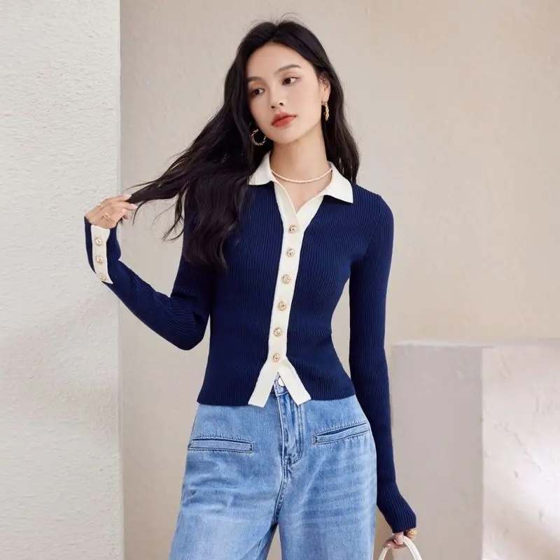 Autumn Knitting Cardigan Female Turn-down Collar Slim Long Sleeve Bottoming Shirt Women Clothes All-match Buttons Sweater Tops