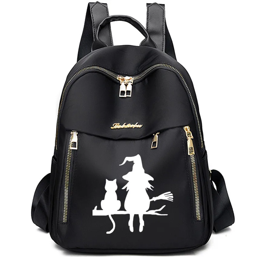 

Women Fashionable Oxford Cloth Backpack Cute Witch And Cat Print Large Capacity Travel Bag Cute Girl College Style Backpack