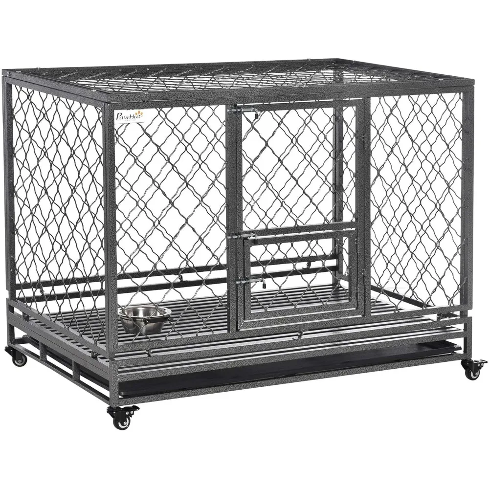 Heavy Duty Dog Crate, Metal Dog Cage Kennel with Lockable Wheels, Slide-Out Tray, Food Bowl and Double Doors