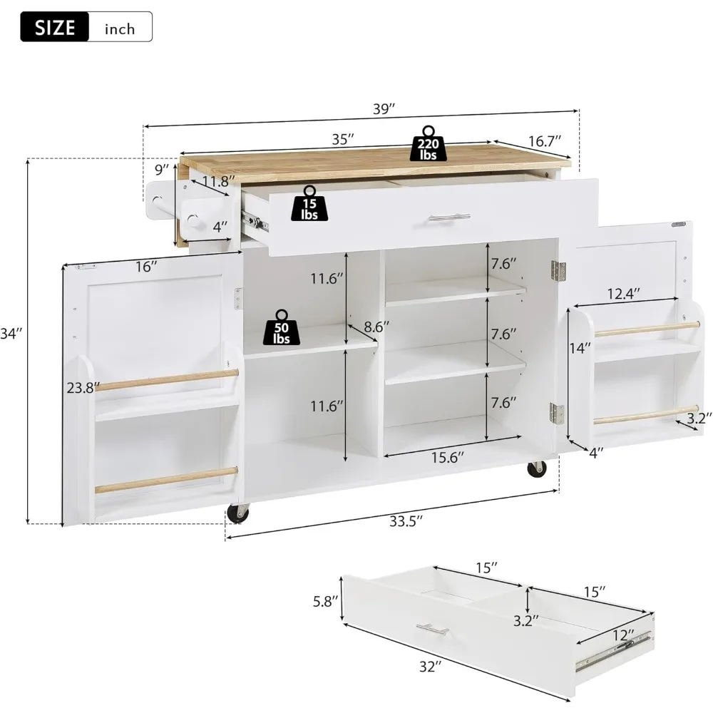 Kitchen Island with Drop Leaf, Storage Cabinet, Small Kitchen Island with Divided Drawer, Towel Rack, Kitchen Cart Islands