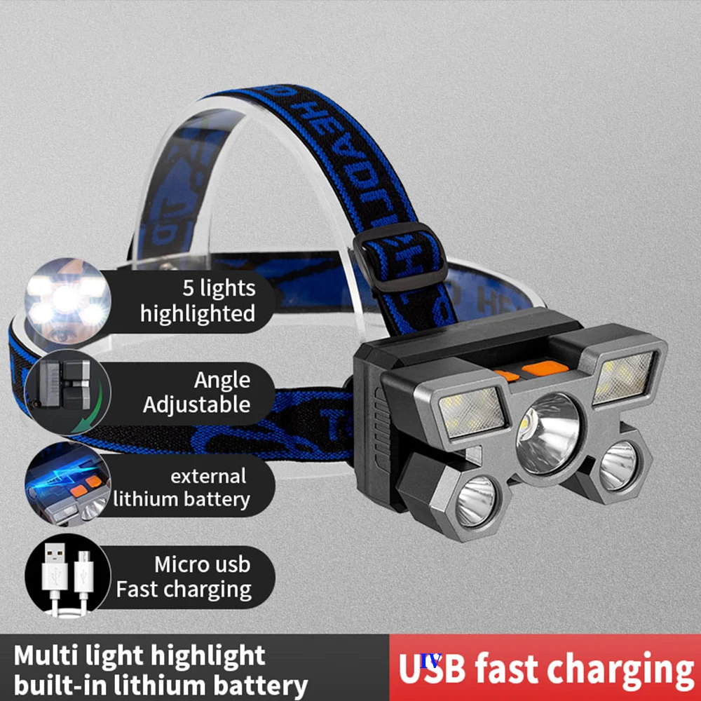 5LED гарнитура фонарик мощный перезаряжаемый Головной фонарь для рыбалки кемпинга фары для охоты фонарь походов передние фонари