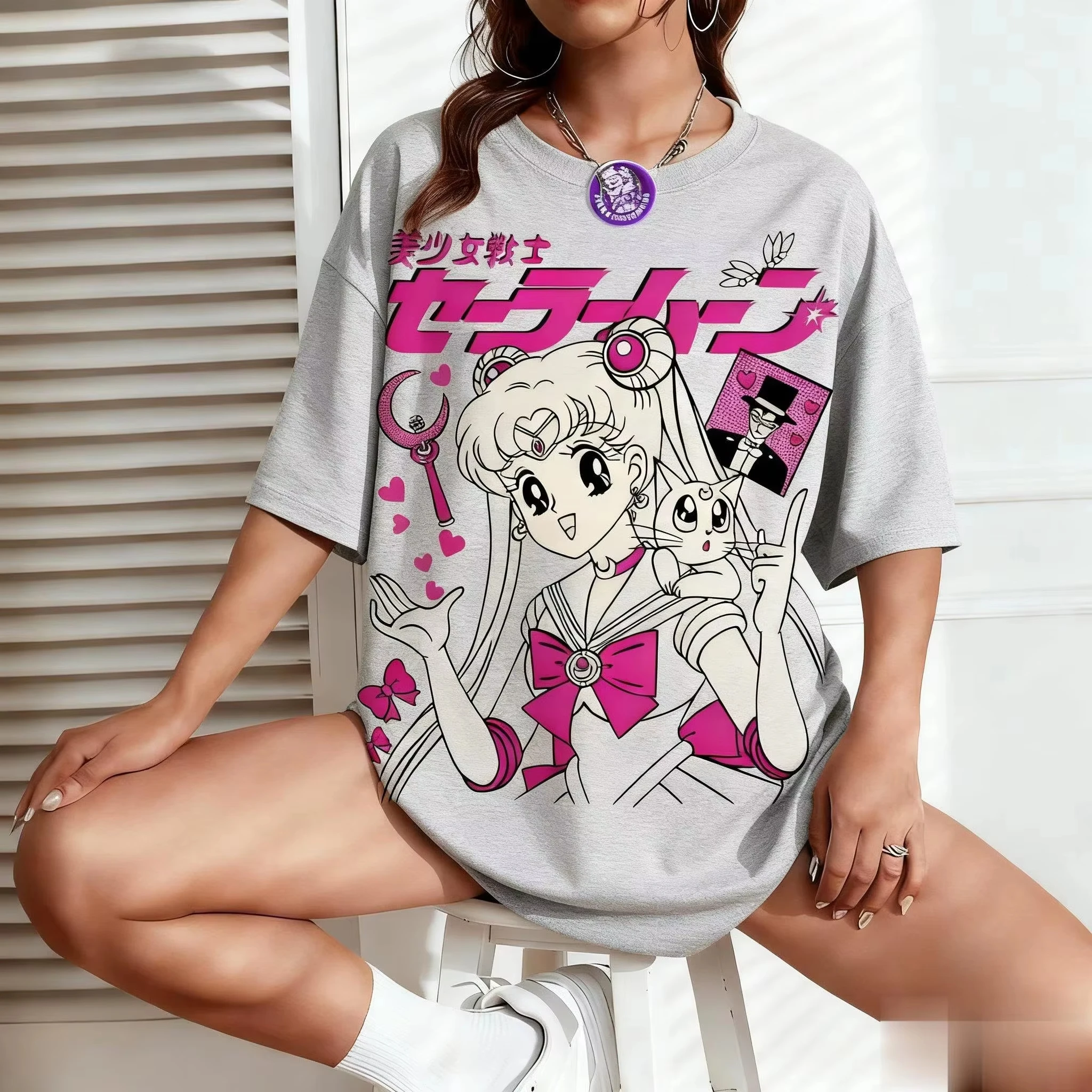 2026 New Hot Summer 2026 New Pretty Soldier Sailor Moon Anime Print Men's and Women's T-shirt - Japanese Cartoon Pattern T-shirt