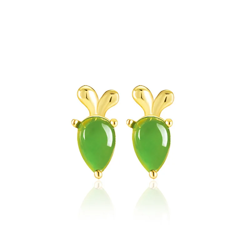 

Natural S925 silver inlaid jade small radish stud earrings for women, genuine