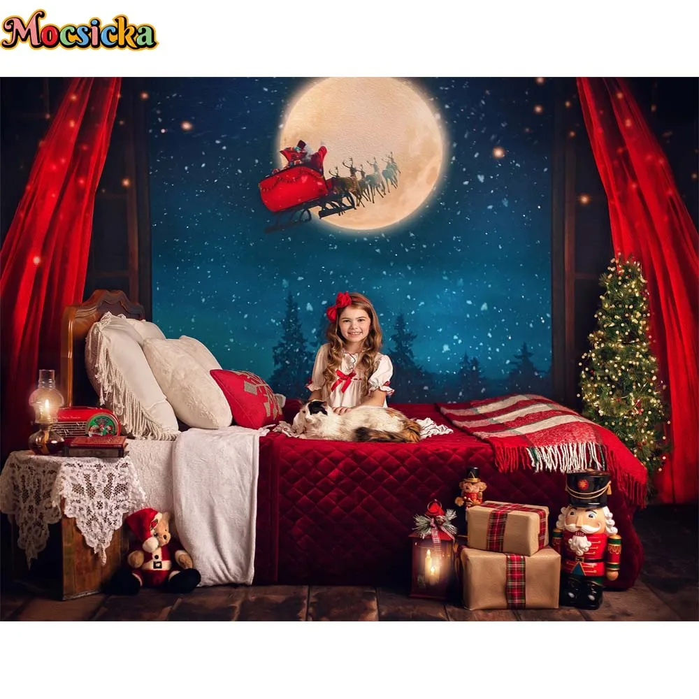 Merry Christmas Photography Backdrops Waiting On Santa Moon Xmas Silent Night Window Winter Snow Kids Portrait Photo Background