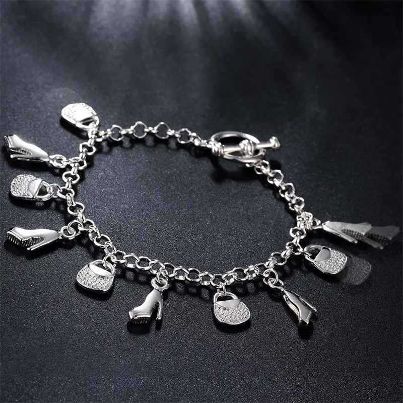 Charm 925 Sterling Silver 8 Inches Shoes Bags Bracelet For Women Fashion Party Wedding Jewelry Gift Wholesale New