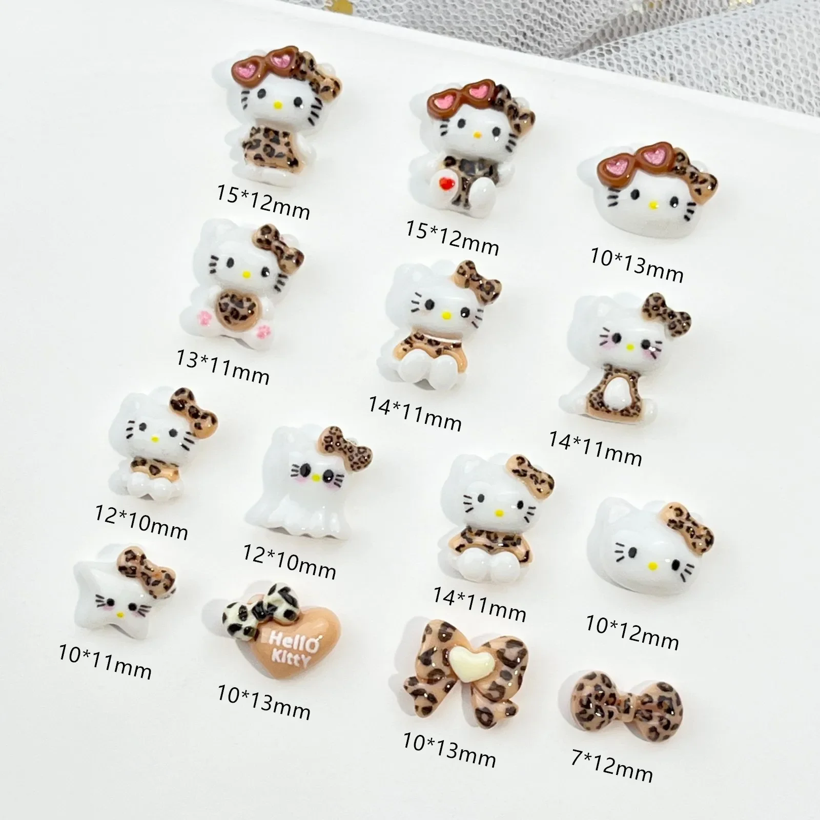 Sanrio Hello Kitty Fine Shining Nail Art Cartoon 3D Leopard Print with Bow Dress Up Series Girl Cute Handmade Nails Accessories