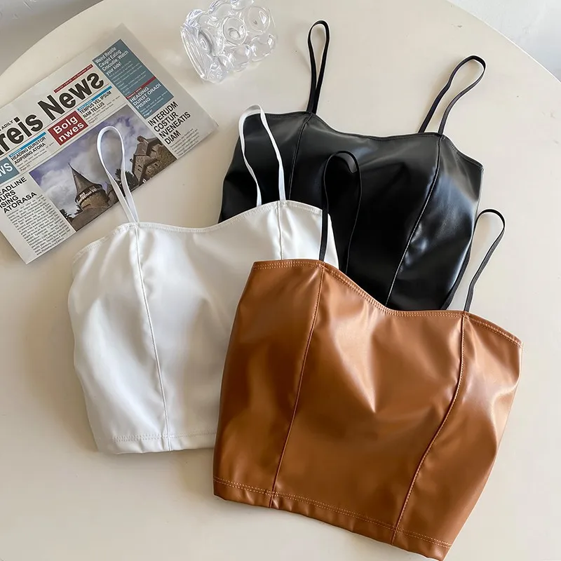 

Women's Leather Bralette HK Retro Built-in Padded Open Back Slim Cropped Streetwear Y2K Chic Outerwearp