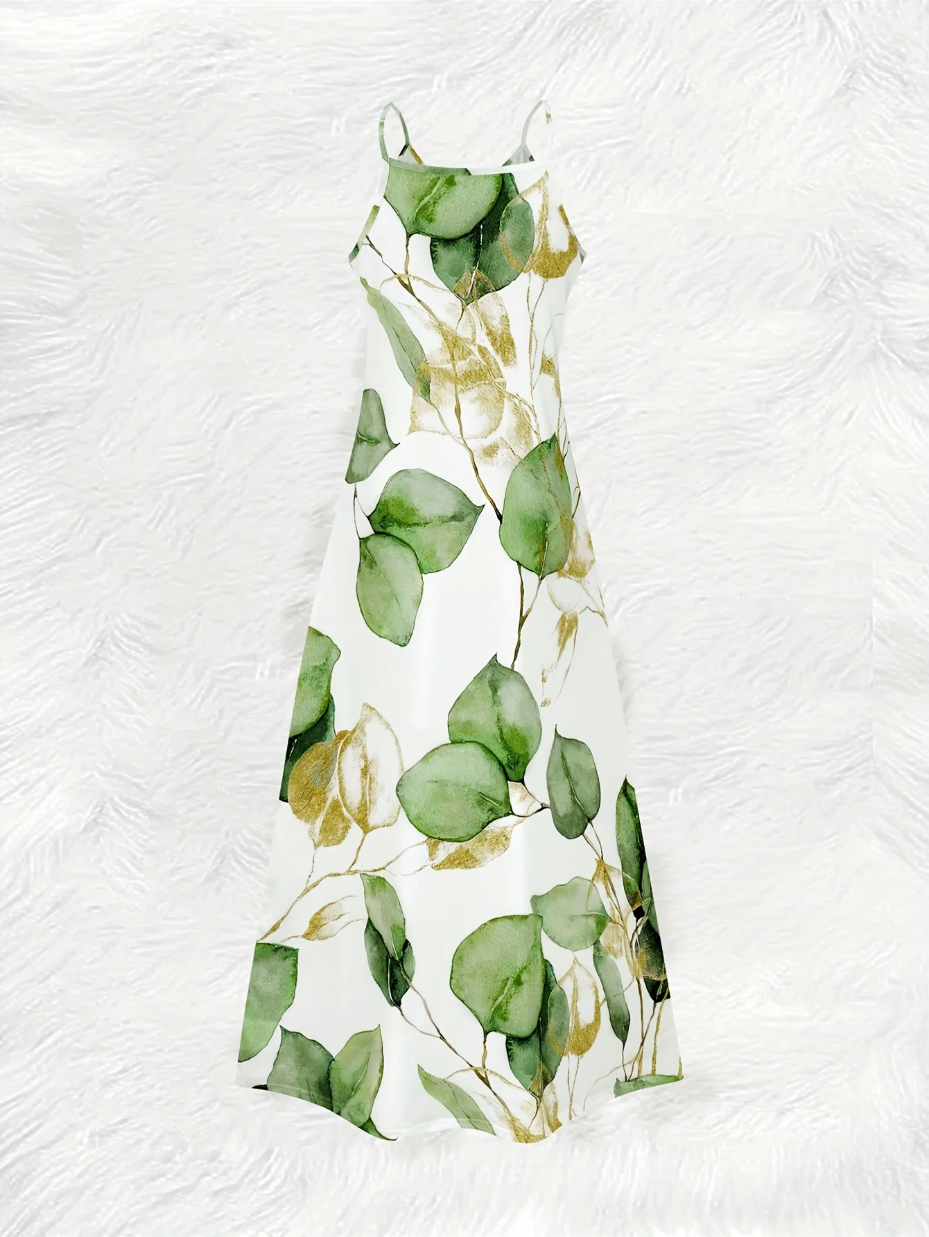 Printed Design Green Leaves Gold Accents White Background Four Seasons elegant style casual style sling dress