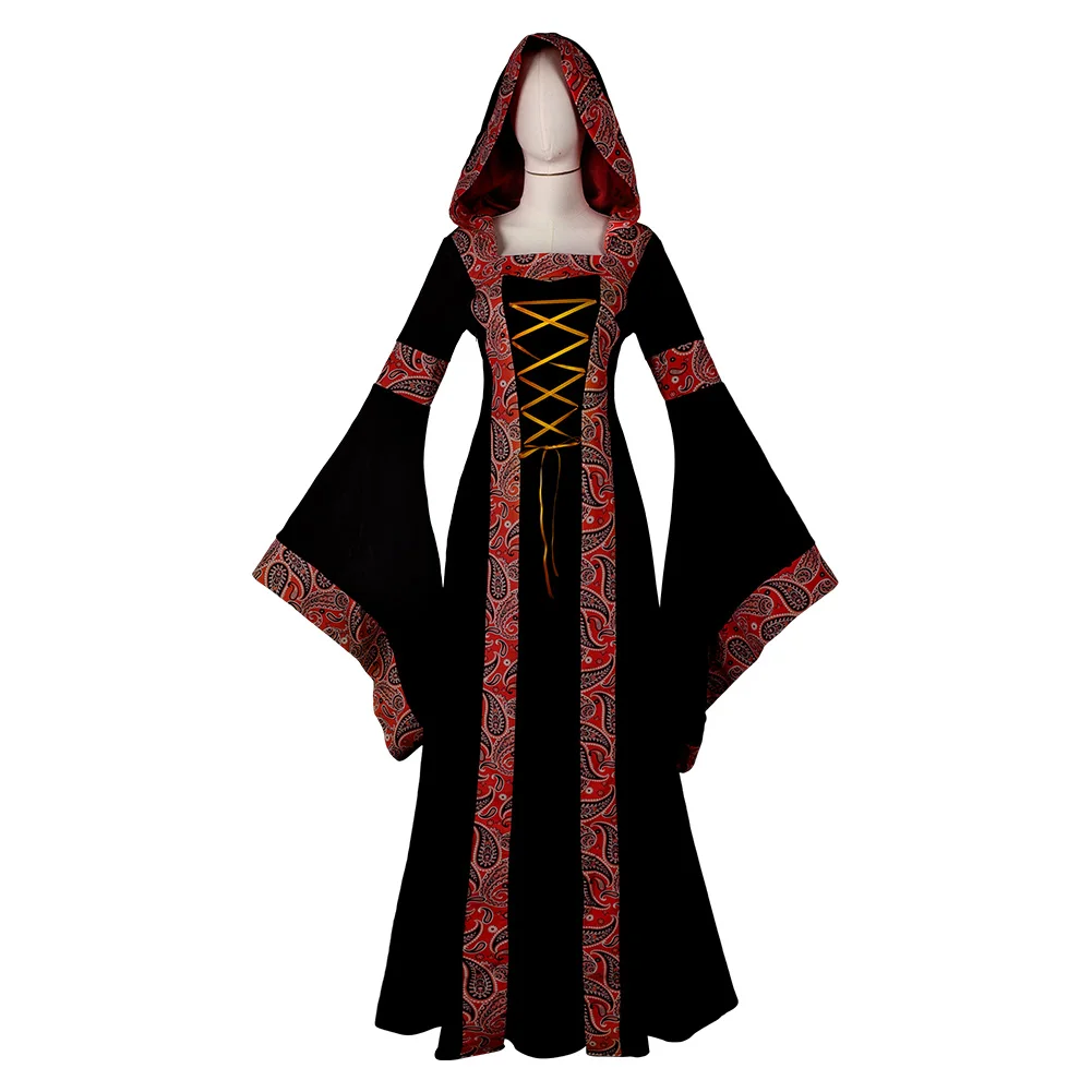 Vestido Cosplay medieval retrô para mulheres, vintage, renascimento, fantasia adulta, túnica com capuz, roupas, halloween, carnaval, terno de festa