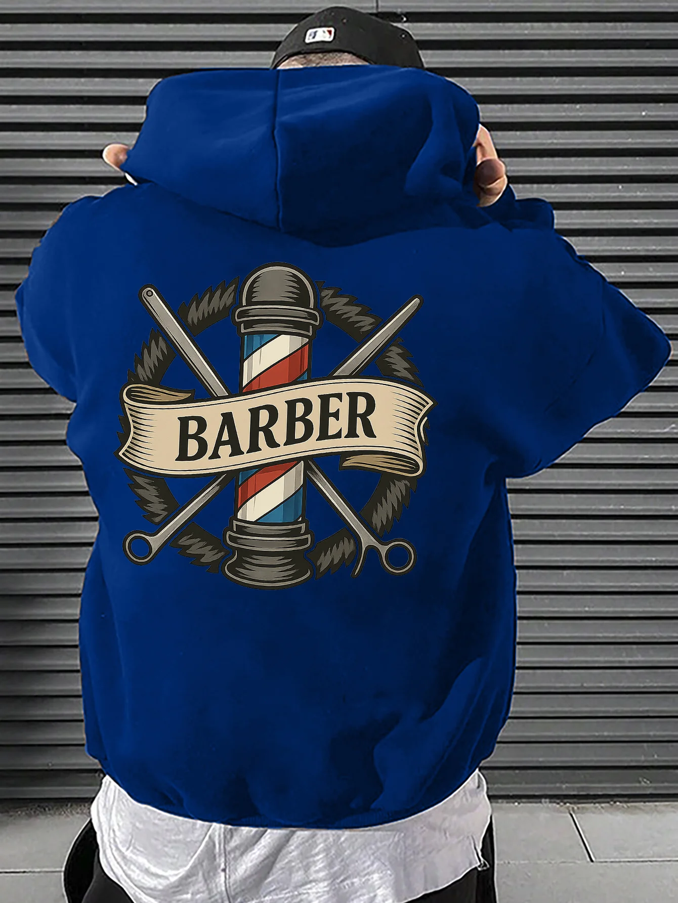Retro Barber Shop Print Loose Fit Men's Hooded Sweatshirt - Daily Casual Sporty Comfortable and Personalized Hooded Sweatshirt