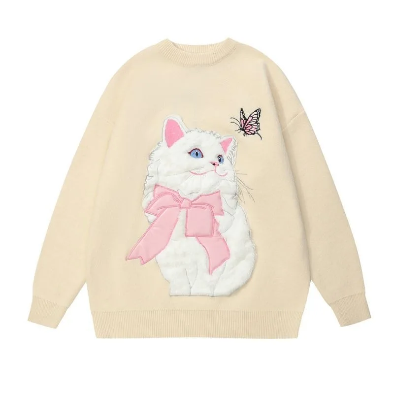 Sweet Girl Women Cartoon Sweater Cute Flocking Cat Long Sleeve O-neck Knitted Top Autumn Winter New Knitted Sweatshirt Oversized