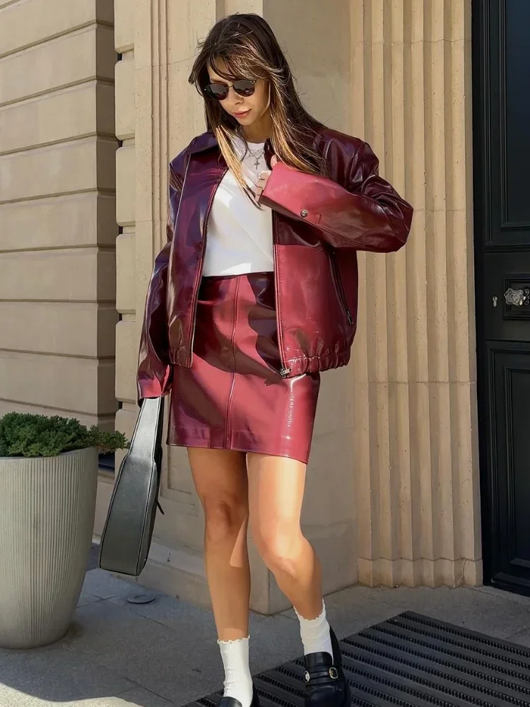 Chic Women Wine Red Leather Jacket Mini Skirt Suits Elegant Lapel Zipper Outwears Hip Wrapped Skirts 2 Piece Set Lady Outfits