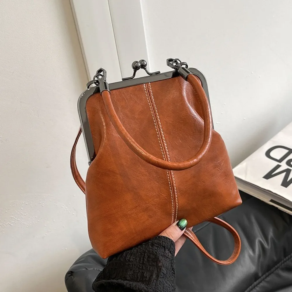 أنيقة قبلة قفل حقيبة كتف بولي Leather الجلود الرجعية النمط الصيني حقيبة كروسبودي بلون سعة كبيرة حقيبة يد نسائية خمر #2