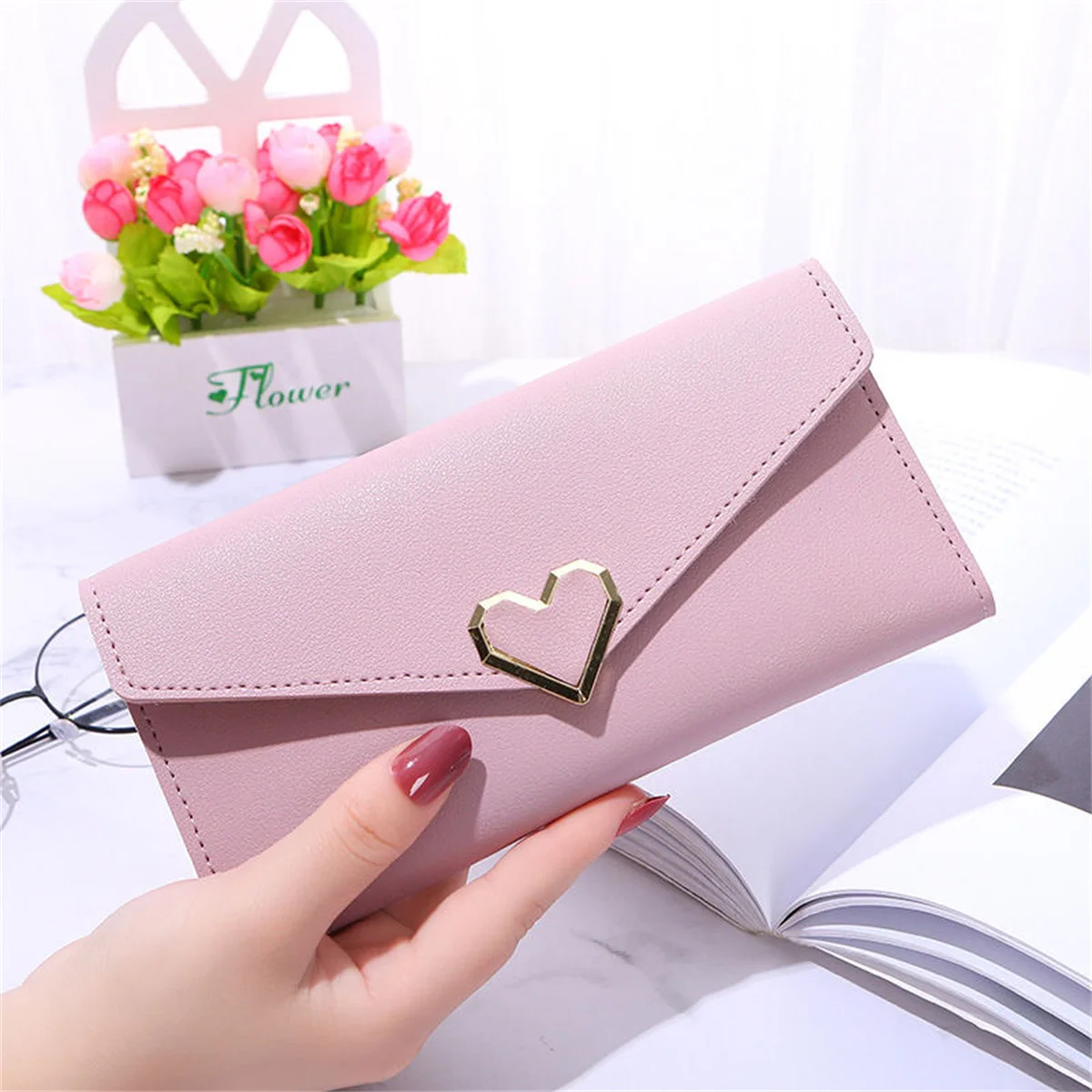 2024 new plain heart-shaped wallet ladies long multi-card buckle mobile phone women's wallet women's long wallet