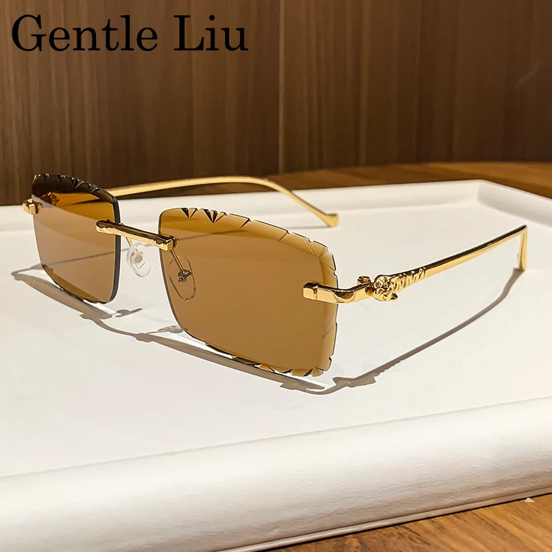 Fashion Small Rectangle Rimless Sunglasses Men 2025 Luxury Brand Square Frameless Metal Frame Cut Edge Eyewear For Male Shades