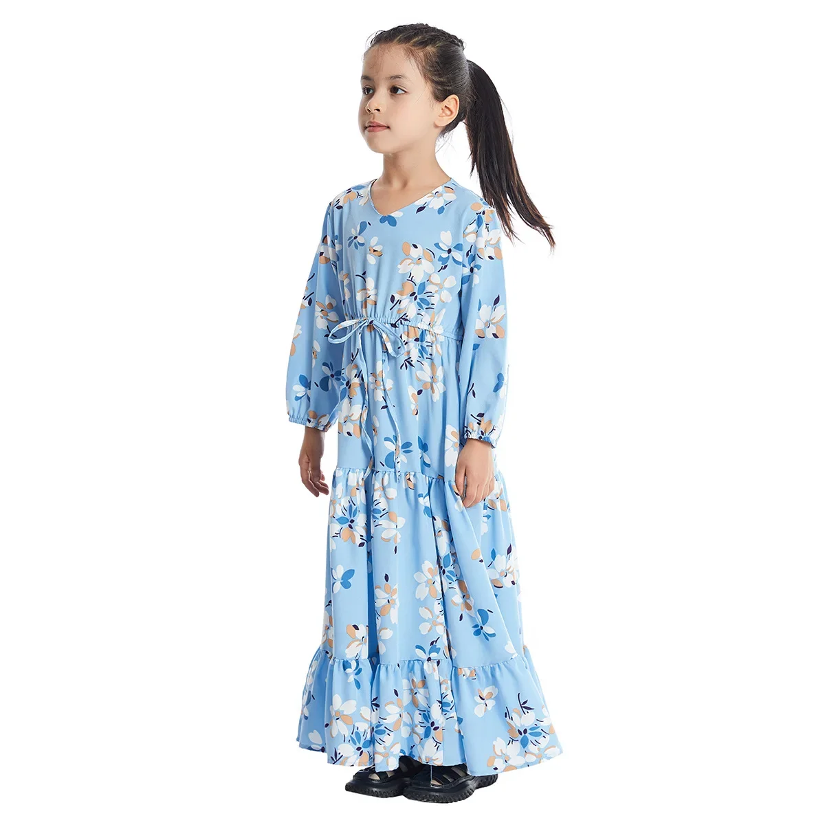 Girls Casual Dresses Kaftan Islam Children Flowers Draw String Ramadan Morocco Full Sleeve Dubai Arab V Neck Ruffles Dress