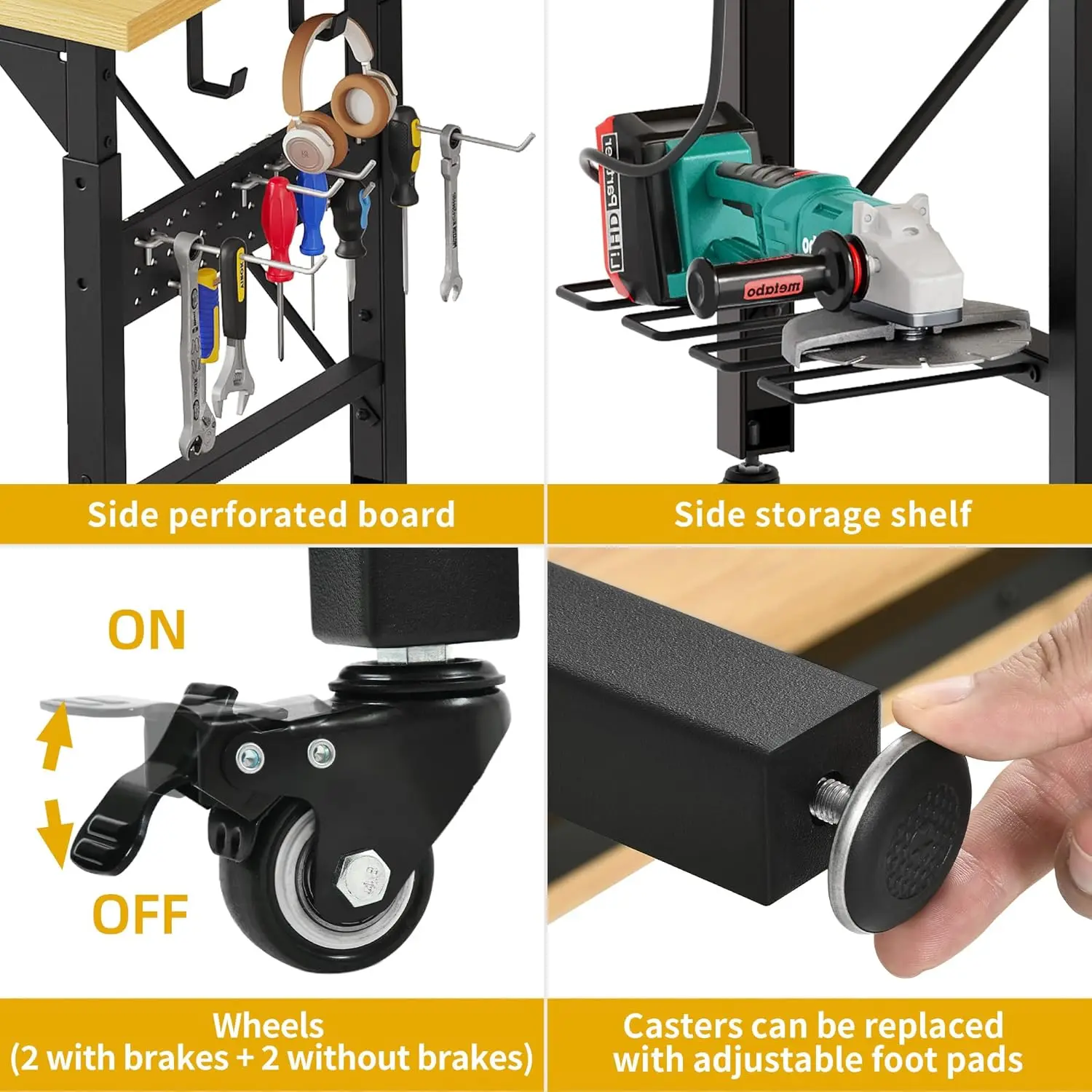 60" verstellbare Werkbank mit Stecktafel, robuste Werkbank mit Holzplatte und Rollen, 1600 Pfund Tragfähigkeit, rollende Arbeit