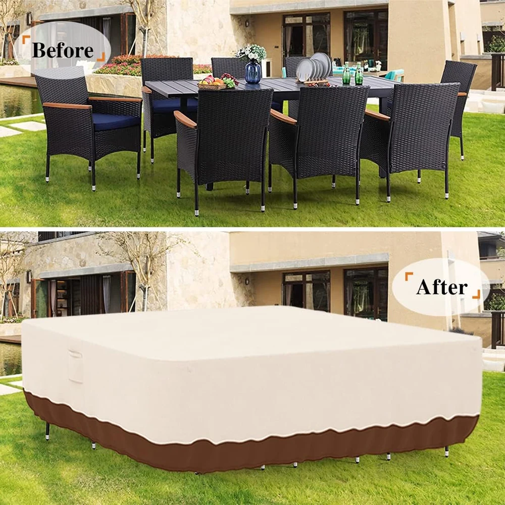 Beige  Coffee 420D Patio Furniture Covers Waterproof for Table and Chairs Rectangular Outdoor Furniture Set Cover Anti-Fade