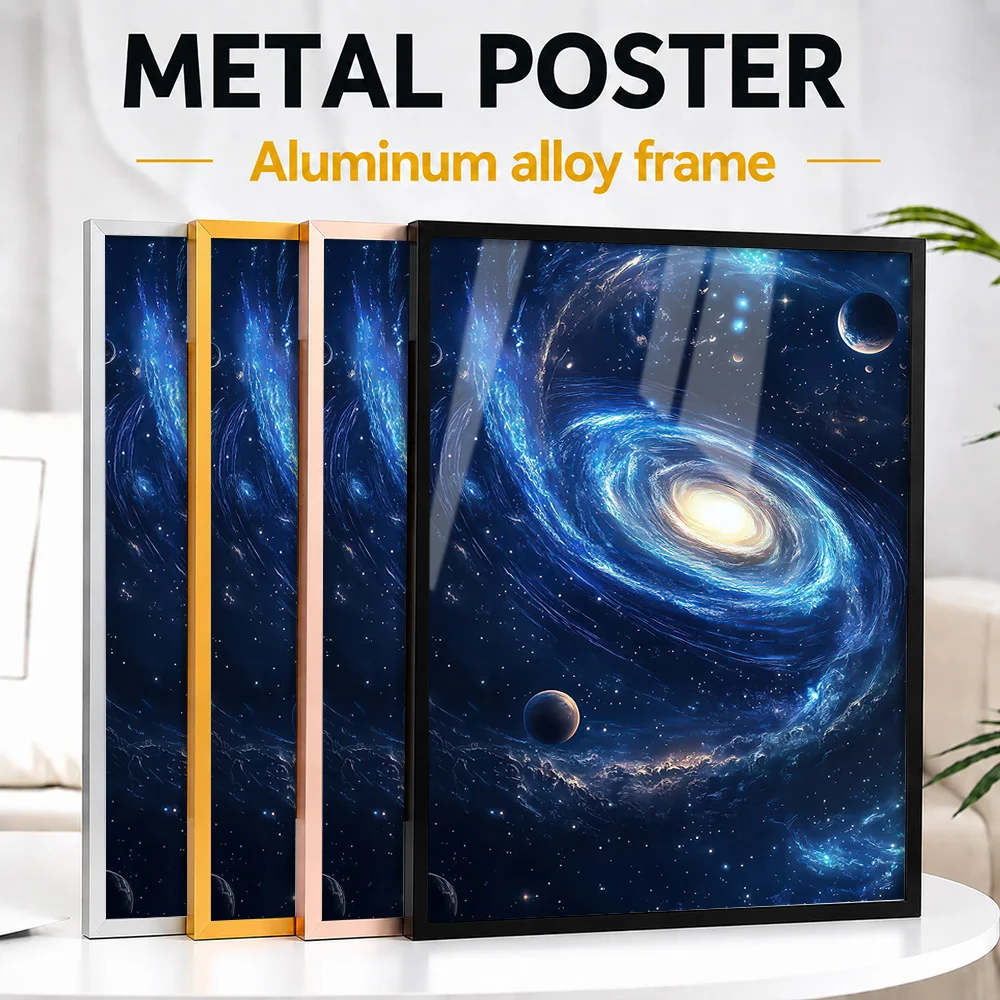 Swirling Blue Galaxy With Planets Framed Aluminum Metal Poster Customized Cosmic Perspective Wall Art Ideal For Science Room