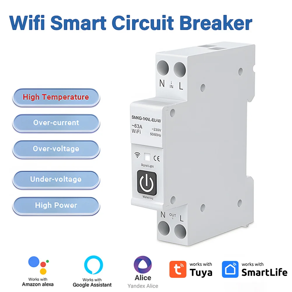 TUYA Wifi Smart Circuit Breaker con misurazione 1P 1-63A Protezione della temperatura su guida DIN Casa intelligente tramite Alexa Google Home Alice