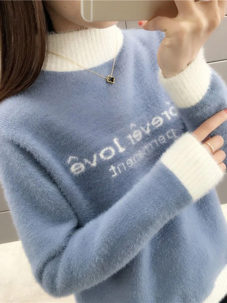 JMPRS Loose Women Knitted Sweater Fashion Letter Winter Half Turtleneck Sweater Pullover All Match Casual Female Jumper New