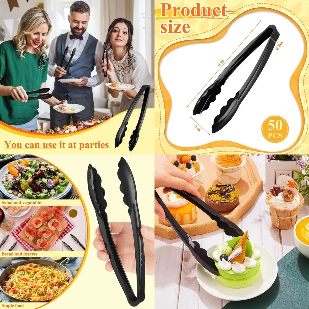

9-Inch Heavy-Duty Disposable Plastic Tongs, Ideal for Buffet, Kitchen, and Catering Events (80 Pack, Black)