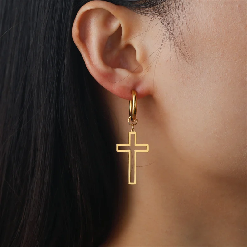 Stainless Steel Earrings Gothic Cross Plated Hoops Earrings For Women Men Trend Lightning Pendant Earring Jewelry Party Gifts