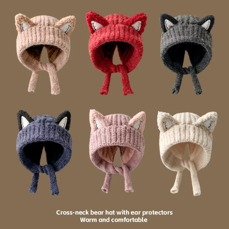 Japanese Cute Fox Ears Pullover Y2K Hats for Women and Men Winter Outdoor Leisure Warm Versatile Ear Protection Beanies Cap