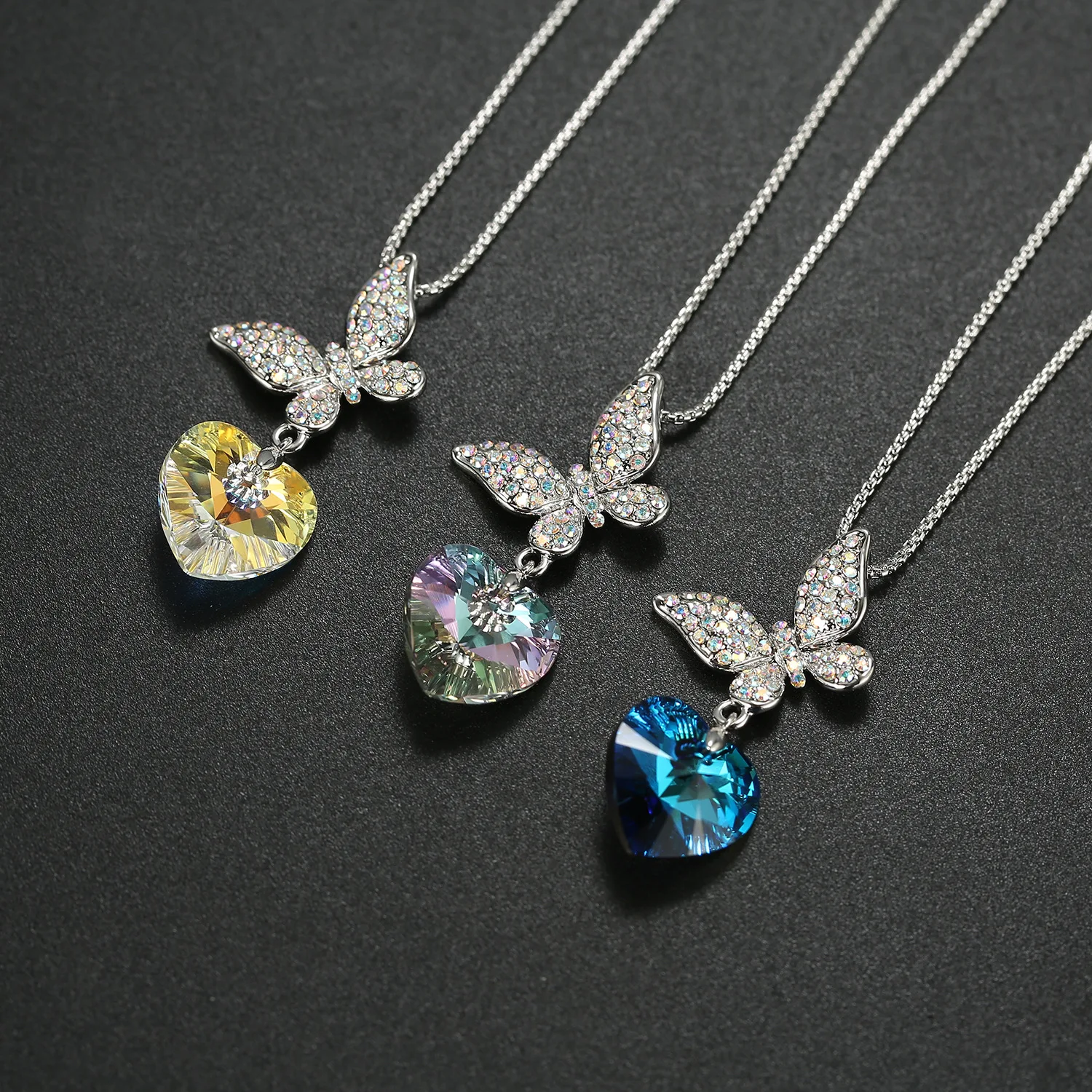 Heart Drop Crystals from Austria Pendant Necklace Silver Color Butterfly Rhinestone Chain Women Elegant Jewelry Wedding Party
