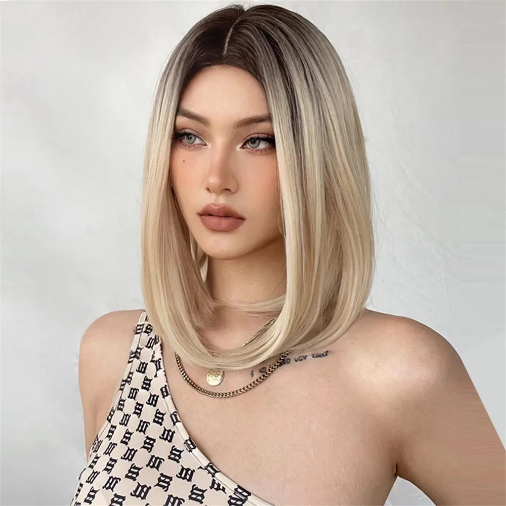 ALAN EATON Light Blonde Straight Bob Wig Shoulder Length Middle Part Blonde Wigs Ombre Daily Synthetic Heat Resistant Fake Hair