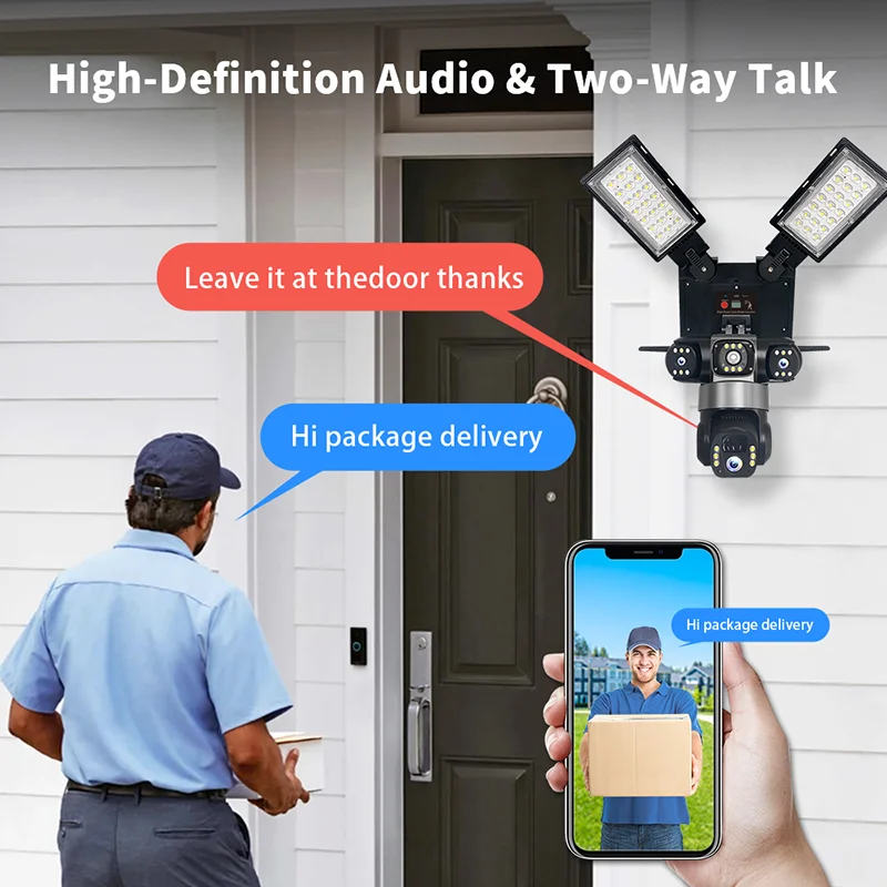 4G WiFi Solar PTZ Security Camera, 3‑Lens 3‑View 6MP HD Surveillance Camera, Solar‑Powered, Night Vision, Two‑Way Audio, IP66