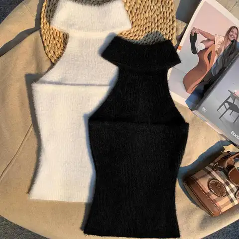 Spice Girl Haar Halter Hals Hemdje Vrouwelijke Imitatie Nertsen Binnenkant Tank Top Herfst en Winter Design Sense Gebreide Bandeau Top