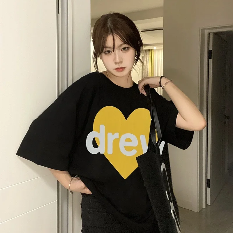 درو هاوس جودة عالية وصول جديد القلب مبتسم الصيف 100% القطن فضفاضة تناسب الرجال زوجين قصيرة الأكمام تي شيرت الإضافية #2