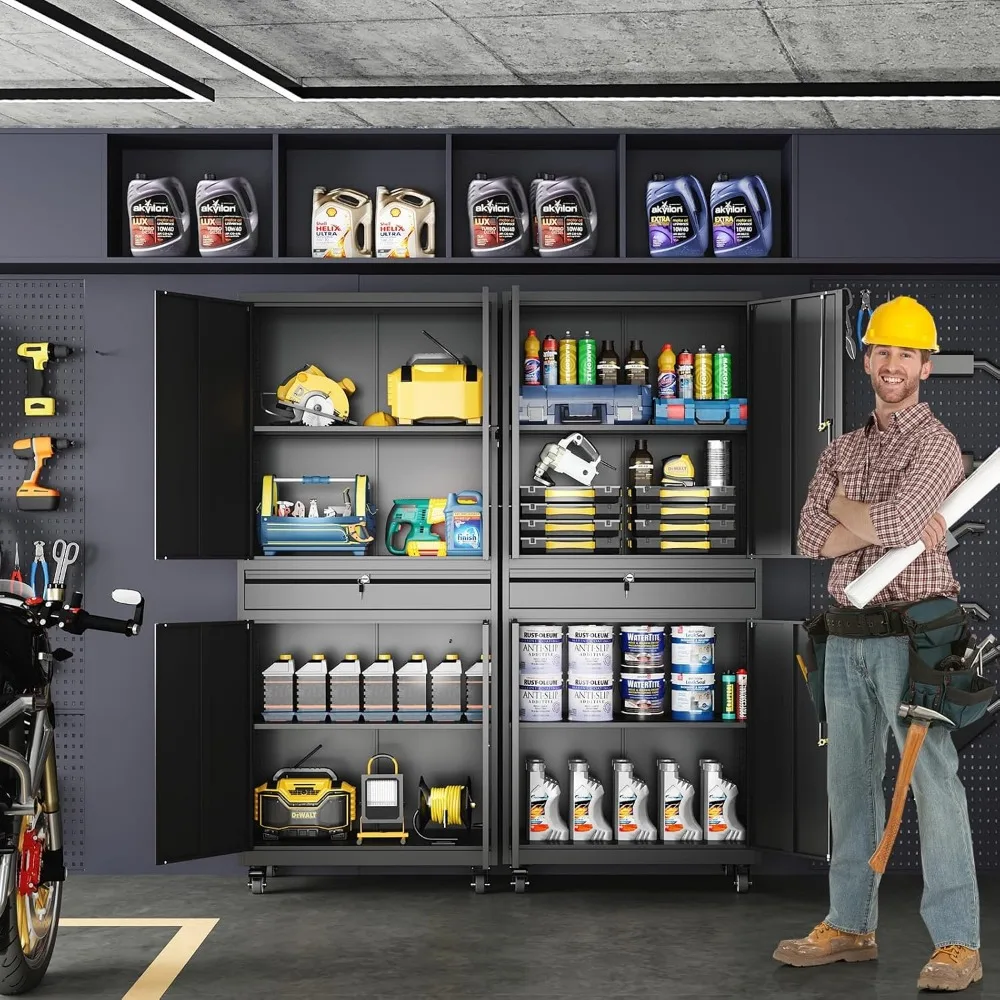 Metal Garage Storage Cabinet with Locking Doors and Adjustable Shelves, Rolling Tool Storage Cabinet with 4 Wheels and 1 Drawer
