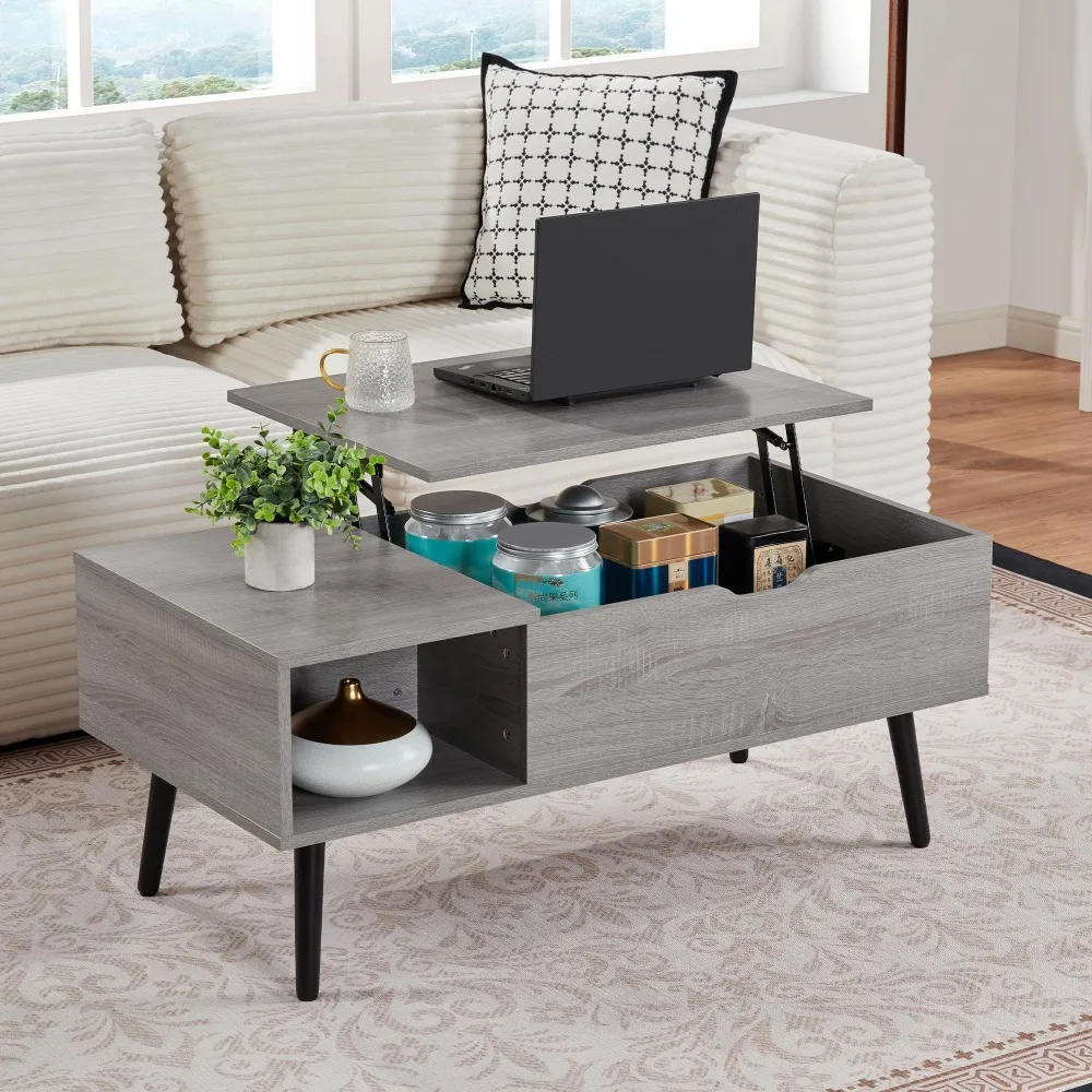 

39-Inch wooden lift top coffee table with hidden compartments and living room, reception room, gray storage rack
